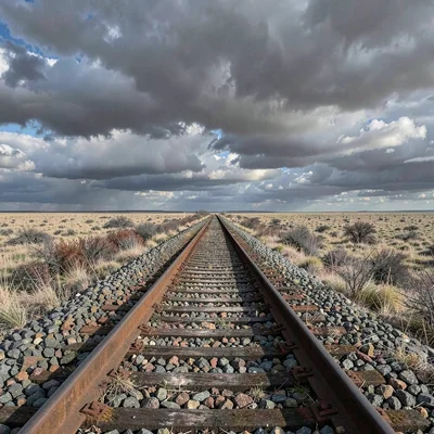 Vast horizontal landscape, extreme width composition, Railroad tracks converging