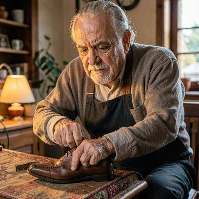 A warm Mexican cobbler in his sixties polishing a leather shoe, lamp warmth on h