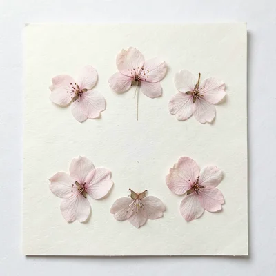 Pressed cherry blossoms on Japanese washi paper, the five petals of each flower 