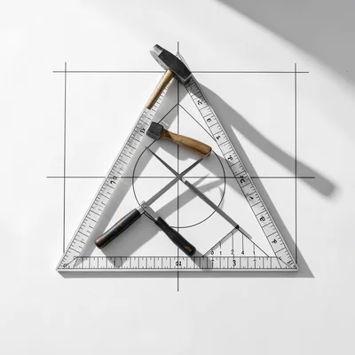 Workshop table with hammer, compass, and set square arranged in a strict triangl
