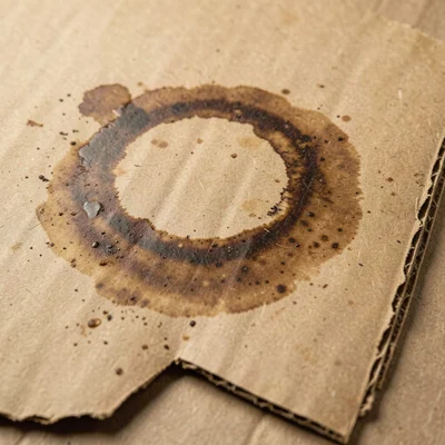 Cardboard with water damage ring stain, dark tide mark where liquid wicked outwa