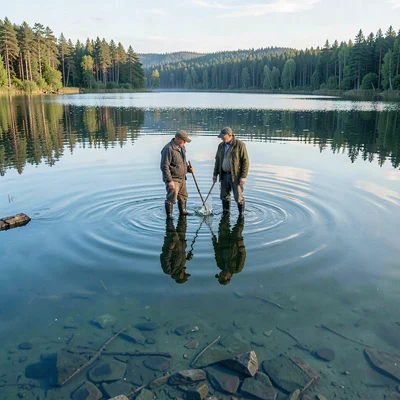 Finnish lake mirror, dead-calm reflection, Fisherman standing in shallow water, 