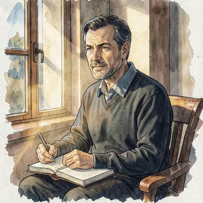 Vertical lamplit portrait of a translator at a window seat with a notebook