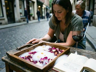 Bath preparation with flower petals, bubbles, wooden tray, book, wine glass