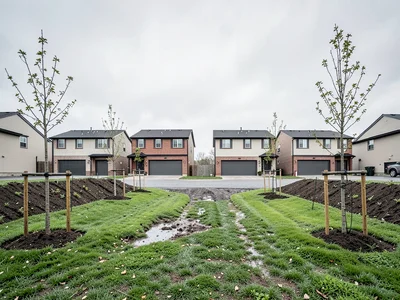 Subdivision cul-de-sac — six identical houses, two-car garages, young trees stak