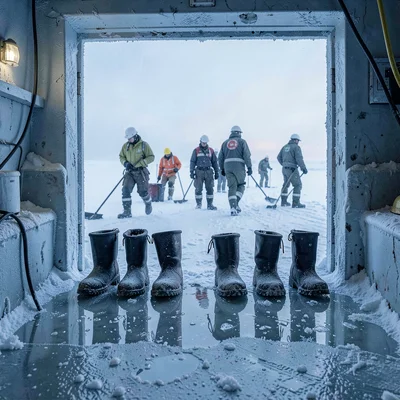 Arctic conditions photograph, extreme cold environment, Boots lined up inside an