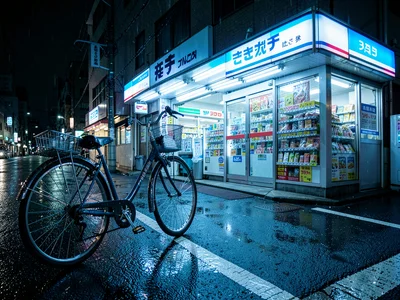 Rain-Wet Bicycle Outside Konbini