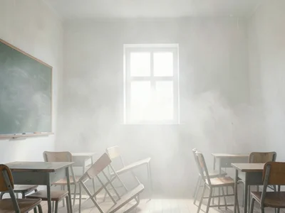 Schoolroom with overturned chairs and a chalkboard wiped clean, far wall paled u