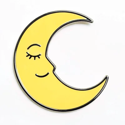 Enamel pin illustration, Crescent moon with sleeping face , bold simple design, 