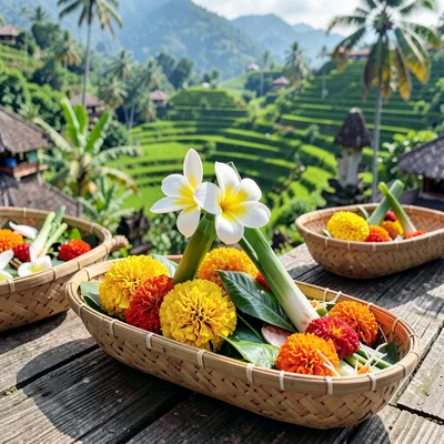Frangipani and marigold in canang sari