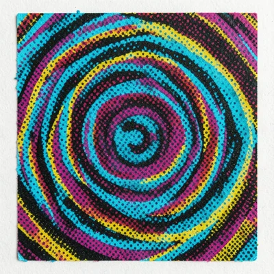 CMYK halftone rosette pattern macro, moiré interference where dot screens overla
