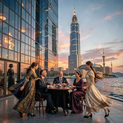 Oil-baron nouveau meeting Flame Tower modernity in windy Baku, women in traditio