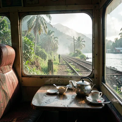 Tropical light on Sri Lankan colonial decay, Tea being served in train carriage,