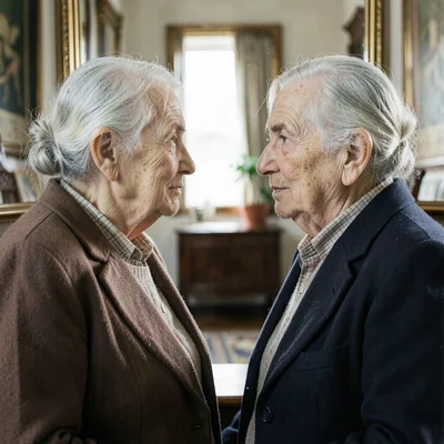 Identical twins at age seventy, facing each other in profile, time's perfect mir
