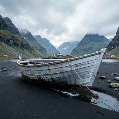 Icelandic isolation, Westfjords remoteness, Wooden boat pulled up on black sand,