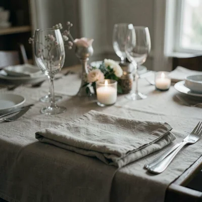 Raw linen napkins folded on an unset table, dinner party that hasn't started or 