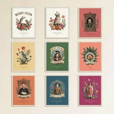 Flat catalog grid of nine card cover motifs in different colorways, balanced spa