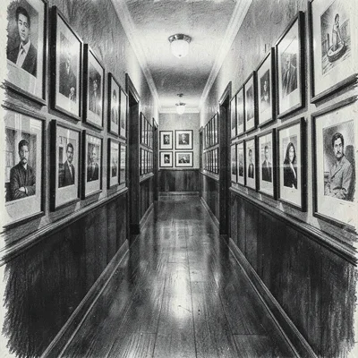 Editorial charcoal of a hallway lined with framed records, deep blacks fading to
