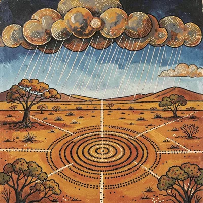 Indigenous Australian dot painting illustration, rain clouds gathering over dry 