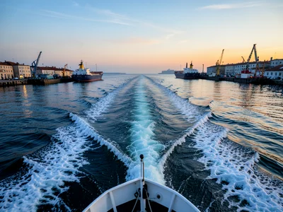 A boat's wake seen from the stern: the churning white water, the two lines sprea