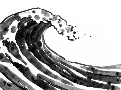Waves rolling in — ink darkest at the curling crest, white foam negative space
