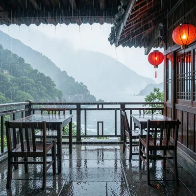 Jiufen rain beauty, wet mountain coastal, Traditional teahouse balcony overlooki