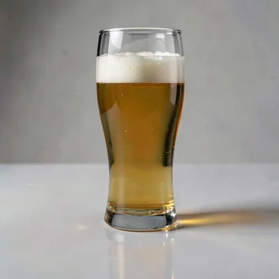 Half-full glass of pilsner on a polished pale-grey surface, soft directional stu