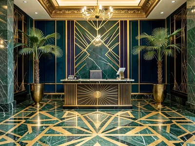 A hotel lobby in gold and green marble, geometric floor pattern, a concierge des