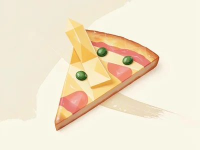 Cheesy peach lowpoly pizza slice with mint olive dots and a faceted butter-yello