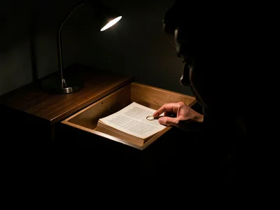 Nightstand drawer open revealing hotel Bible, single lamp light, someone's hand 