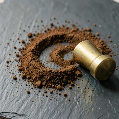 Slate surface littered with ground coffee in a precise circle, single brass tamp