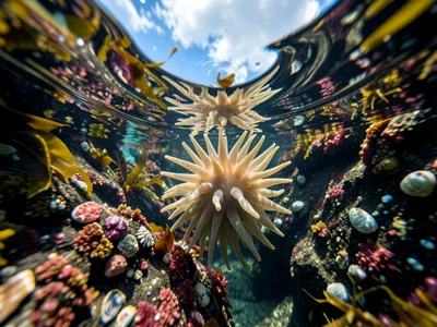 Tide pool surface from below, looking up through water at the sky, meniscus surf