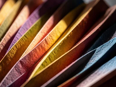 Pleated origami fan structure, accordion folds in gradient-colored paper, each p