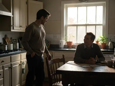A couple in a kitchen after an argument, one standing by the window, one seated 