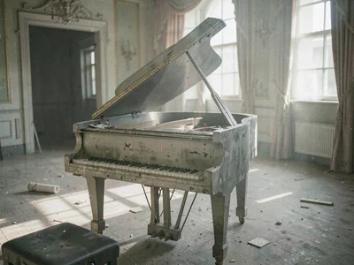 Abandoned grand piano in a dusty ballroom, morning light catching the keys no on