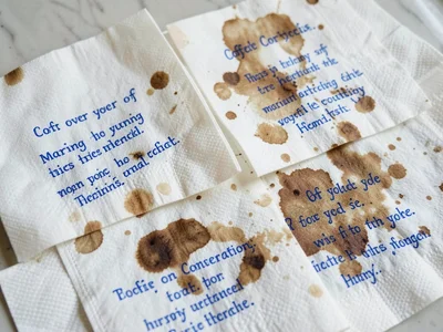 Coffee stains on napkins collected over a year of morning conversations, printed