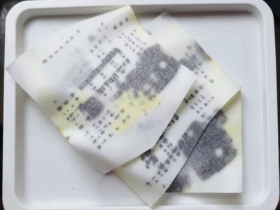 Two receipts overlapping on lightbox, different paper weights and fade rates cre
