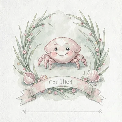 Gouache character-card of the hermit crab smiling shyly, rendered in soft sage a