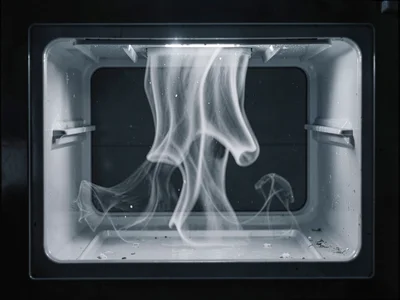Cold air falling from open freezer visualized in schlieren