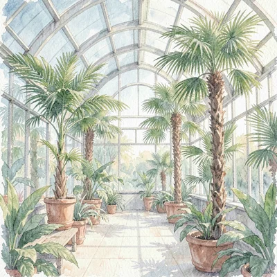 soft-wash interior of a tropical conservatory with palms