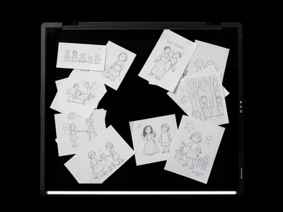 Scanner capture of child's first week drawings and papers, scattered arrangement