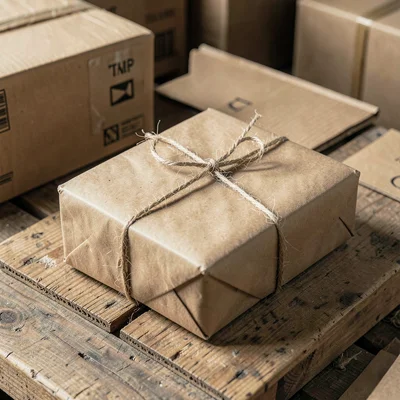 Kraft paper wrapped package with twine, old-school shipping aesthetic