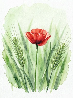 A single red poppy in a field of green wheat, the green a smooth wash, the poppy