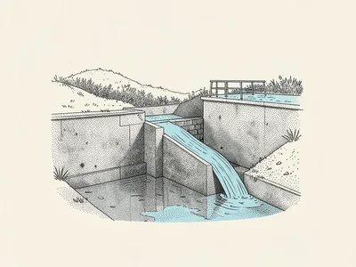 Beneath a stippled water reservoir, a small dam sends one slate-blue spillway ac