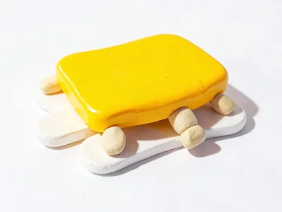 Festive chunky clay popsicle stick raft toy in primary yellow with stubby cream-