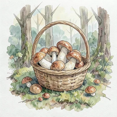 Watercolor of a forest floor with foraged chanterelles in a basket, mossy ground