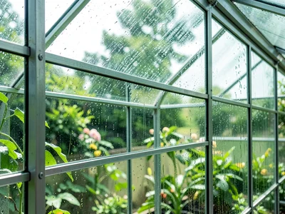 Greenhouse interior, light filtering through humid glass panes, botanical transp
