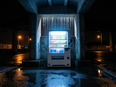 A vending machine in an industrial area under a highway overpass, the concrete p