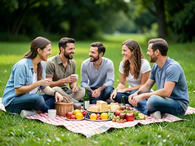 Group of friends having a picnic on fresh green grass, blanket covered in cheese