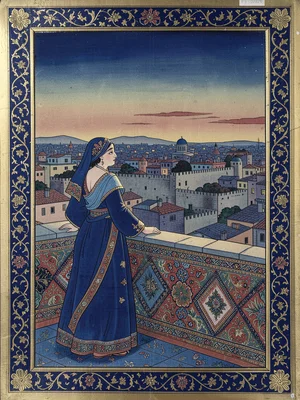 Woman at a rooftop parapet looking across a walled city at dusk